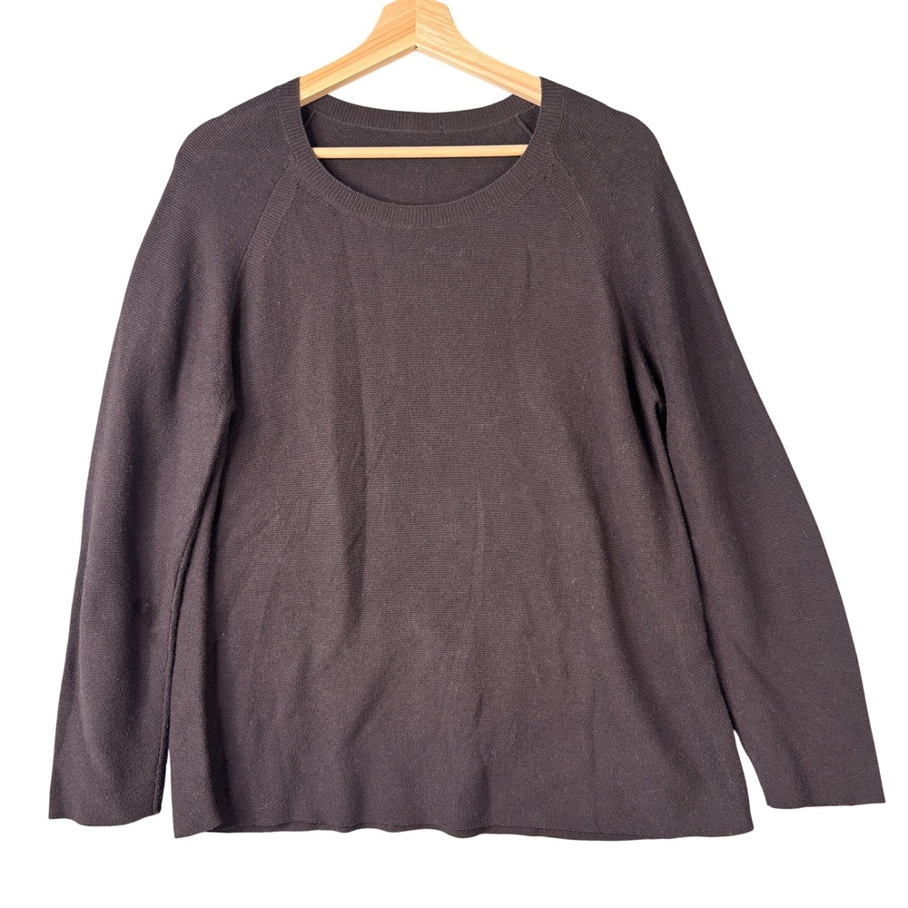 Eileen Fisher 100% Organic Cotton Crew Neck Raglan Sweater Dark Brown Large